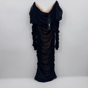 Fashion Nova Dress Women Small NEW Black Mesh Ruched Off Shoulder Whimsigoth
